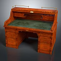 Traditional Wooden Desk With Green Writing Surface Ornate Carvings Metal Accents And Drawers