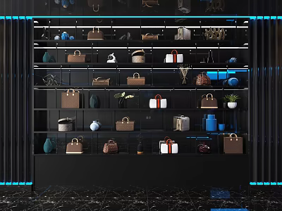 Modern Black Storage Shelf Displaying Various Bags Decor Ornaments And Plants With Blue Lighting 3d model
