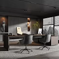 Modern Office Interior Design With Spacious Desk Ergonomic Chairs Large Windows And Potted Plant