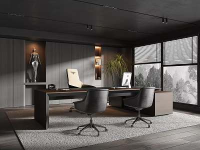 Modern Office Interior Design With Spacious Desk Ergonomic Chairs Large Windows And Potted Plant 3d model