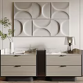 Modern Light Gray Bedside Tables With Drawers Table Lamp Green Plant And Geometric Wall Art