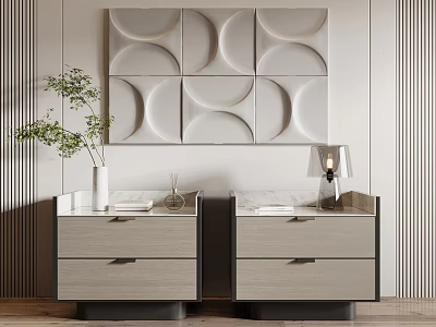 Modern Light Gray Bedside Tables With Drawers Table Lamp Green Plant And Geometric Wall Art 3d model