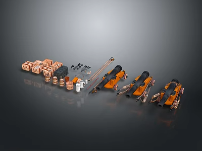 Orange And Black Mechanical Parts With Rollers Rods And Small Components Neatly Arranged On Gray Surface 3d model