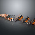 Orange And Black Mechanical Parts With Rollers Rods And Small Components Neatly Arranged On Gray Surface