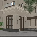 Beige Stone Entrance Gate Portico With Glass Door And Greenery Near Children