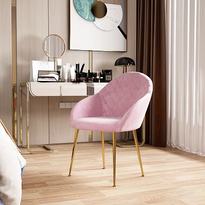 Modern Dressing Table With Pink Velvet Chair And Gold Legs Cosmetics Mirror And Table Lamp 3d model