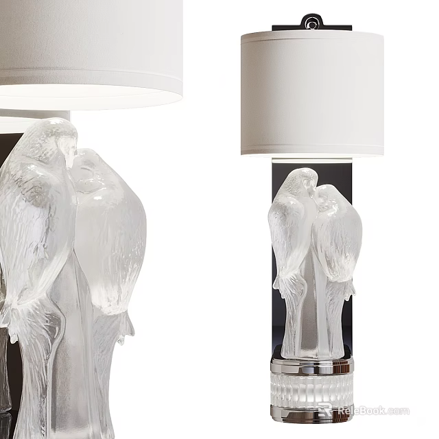 Pair Of Transparent Glass Wall Lamps With Carved Parrot Design And White Lampshades 3d model 