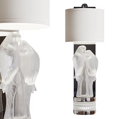 Pair Of Transparent Glass Wall Lamps With Carved Parrot Design And White Lampshades 3d model