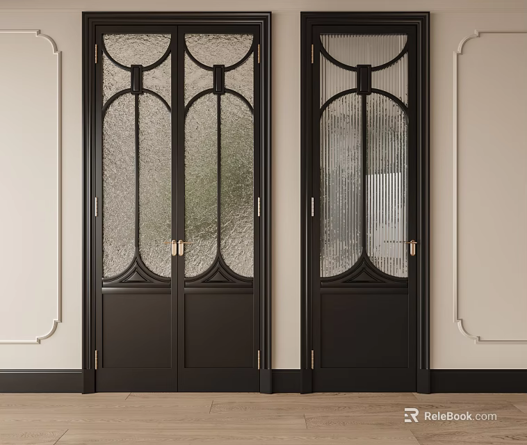 Stylish Black Interior Doors With Decorative Glass Panels And Light Walls 3d model 