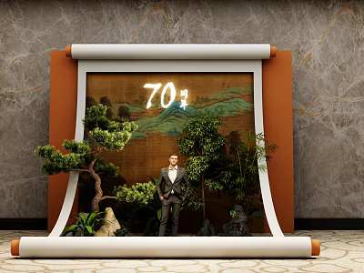 Traditional Scroll Display With 70 Years Landscape Pine Tree Green Plants And Man In Suit 3d model