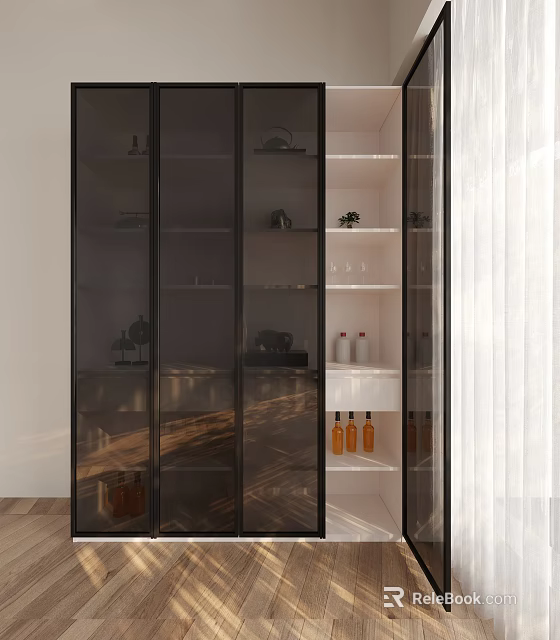 Elegant Modern Wine Cabinet With Glass Doors Holding Wine Bottles And Interior Lighting 3d model 