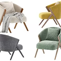 Modern Neutral Upholstered Armchair With Wooden Arms And Gray Throw Blanket