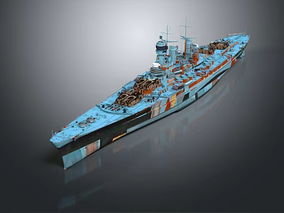 Detailed Military Battleship with Turrets Naval Design and Blue Hull Warship Structure 3d model