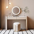 Elegant Beige Dressing Table With Round Mirror Upholstered Stool And Potted Plant