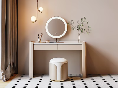 Elegant Beige Dressing Table With Round Mirror Upholstered Stool And Potted Plant 3d model