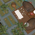 Scenic Rural Landscape With Palm Trees Wooden Pavilions Green Gardens And Outdoor Dining Areas