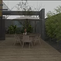 Outdoor Garden Landscape With Wooden Deck Rattan Chairs Umbrella Bamboo And Green Plants
