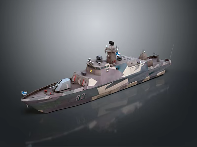 Military Warship With Camouflage Paint Radar Equipment And Number 82 3d model