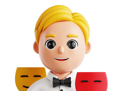 Cartoon Blonde Man Wearing White Shirt And Black Bow Tie Holding Yellow And Red Masks 3d model