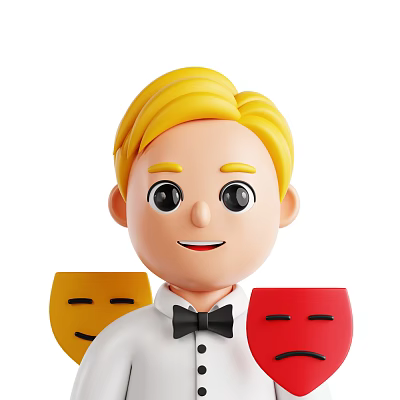 Cartoon Blonde Man Wearing White Shirt And Black Bow Tie Holding Yellow And Red Masks 3d model