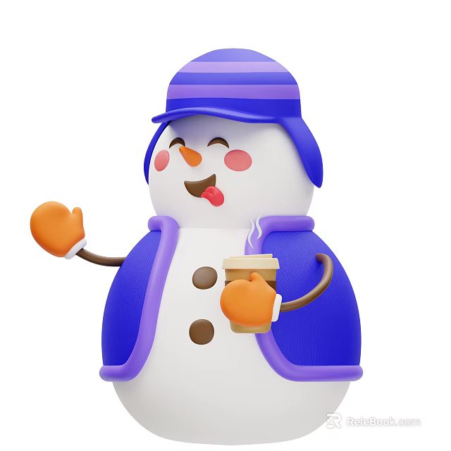 Cute Snowman Decorative Figurine With Purple Hat Blue Coat Holding Coffee Cup And Cheerful Expression 3d model 