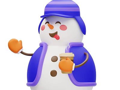 Cute Snowman Decorative Figurine With Purple Hat Blue Coat Holding Coffee Cup And Cheerful Expression 3d model