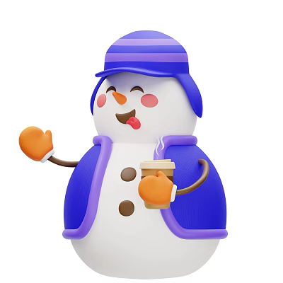 Cute Snowman Decorative Figurine With Purple Hat Blue Coat Holding Coffee Cup And Cheerful Expression 3d model