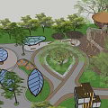 Natural Themed Children's Playground With Mushroom Shaped House Slide Climbing Net and Surrounding Green Trees