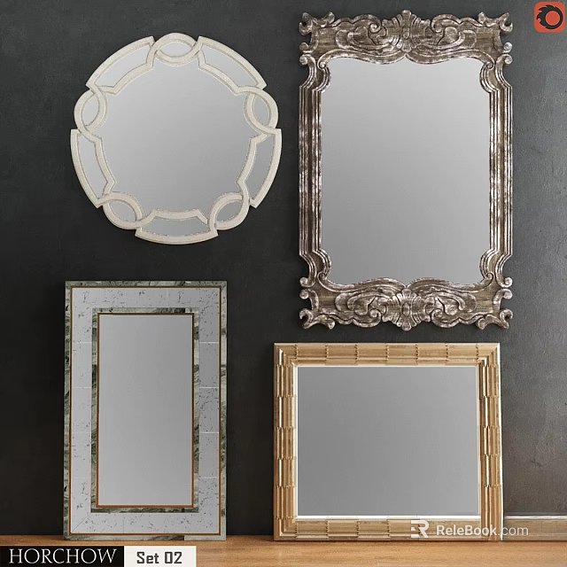 Various Decorative Mirrors With Ornate And Modern Frames On Dark Wall 3d model 