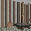 Garden Decorative Setup With Wooden Posts Ropes Stone Table Hanging Bulbs And Grass