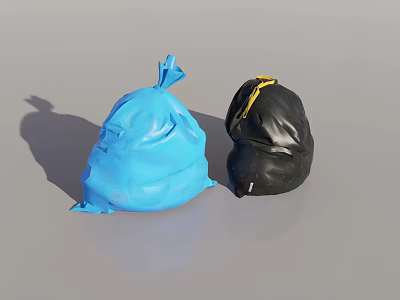 Blue And Black Plastic Trash Bags With Drawstring Closure On Gray Surface 3d model