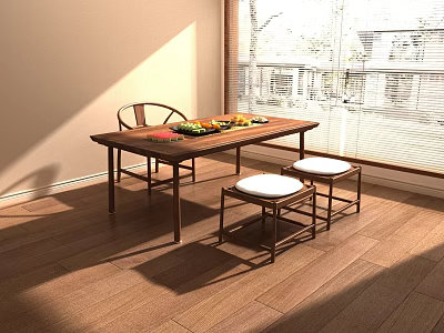 Cozy Dining Space With Wooden Table Fruits Plates Chair And Stools By Large Windows 3d model