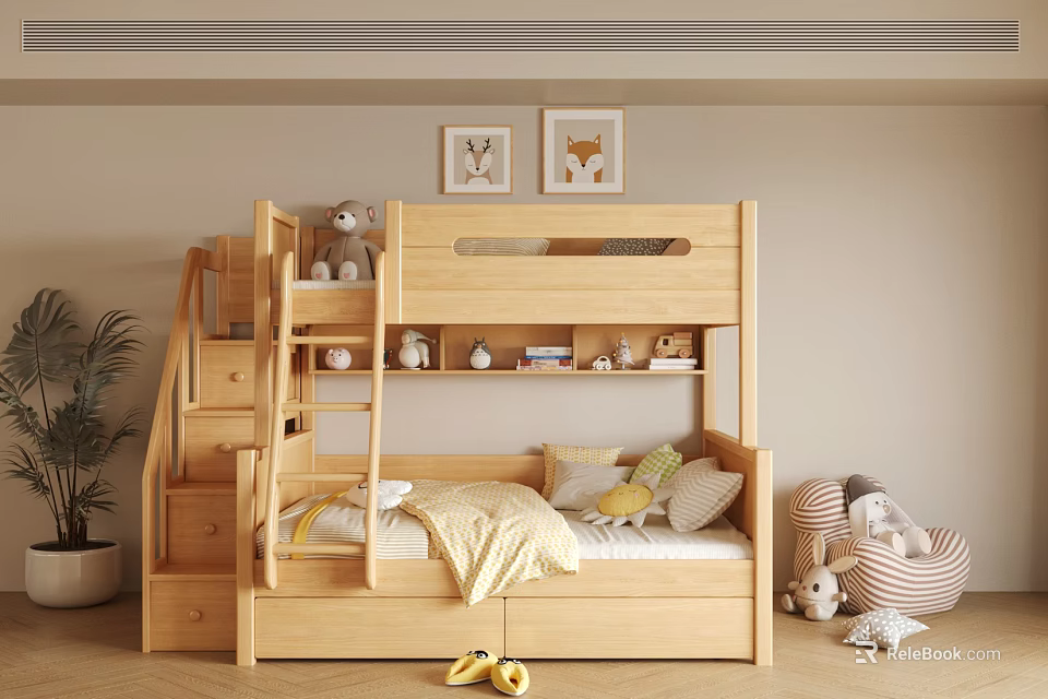 Wooden Bunk Bed Interior With Stairs Drawers Yellow Blanket Pillows And Animal Wall Art 3d model 