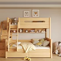 Wooden Bunk Bed Interior With Stairs Drawers Yellow Blanket Pillows And Animal Wall Art