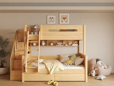 Wooden Bunk Bed Interior With Stairs Drawers Yellow Blanket Pillows And Animal Wall Art 3d model