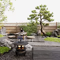 Japanese Courtyard Garden With Stone Lantern Dry Landscape Pine Tree Green Plants And Wooden Deck