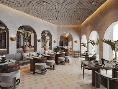 Elegant Restaurant Interior With Arched Doorways Palm Plants Light Tile Flooring And Banquette Seating 3d model
