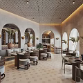 Elegant Restaurant Interior With Arched Doorways Palm Plants Light Tile Flooring And Banquette Seating