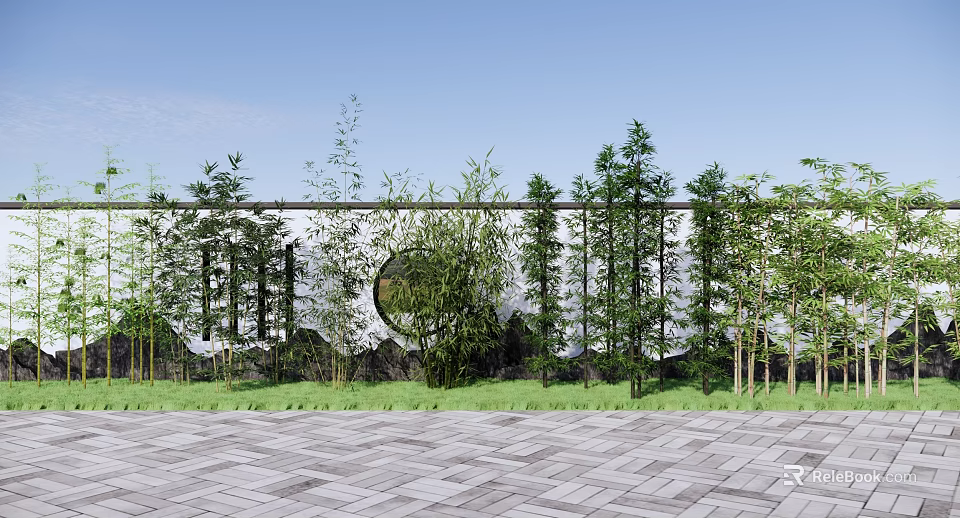 Lush Bamboo Garden Landscape With Circular Wall Decor And Slate Paved Ground 3d model 