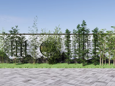 Lush Bamboo Garden Landscape With Circular Wall Decor And Slate Paved Ground 3d model
