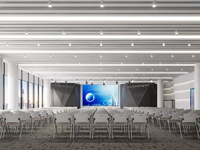 Modern Spacious Conference Room Interior With Arranged Chairs Large Screen And Ceiling Lights 3d model