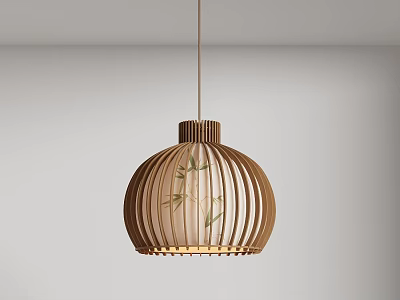 Natural Style Wooden Chandelier With Bamboo Strips And Round Spherical Design 3d model
