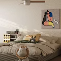 Cozy Kids Room Interior With Bed Stuffed Toys Bookshelf Ceiling Fan Light And Green Rug