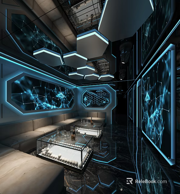 Modern Futuristic KTV Interior With Blue Lighting Hexagonal Decor Sofas Glass Tables And Large Screens 3d model 