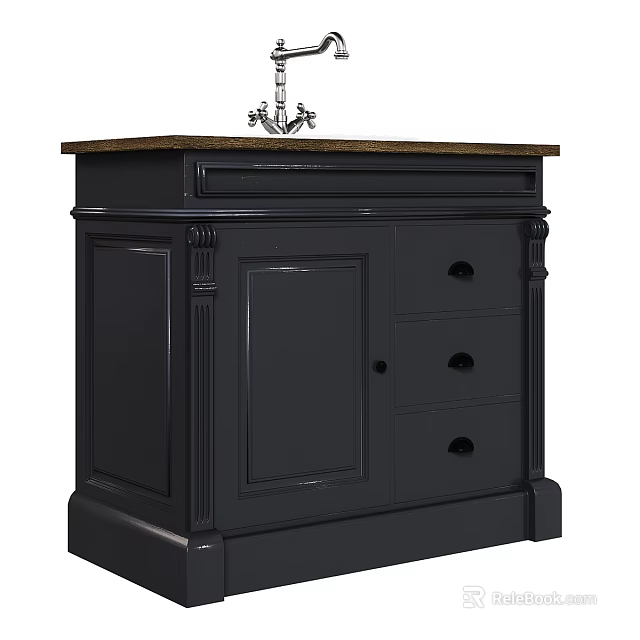 Black Traditional Washstand with Ornate Columns Cabinet Drawers and Carved Top Details 3d model 