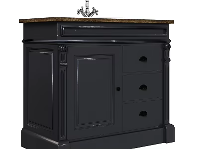 Black Traditional Washstand with Ornate Columns Cabinet Drawers and Carved Top Details 3d model