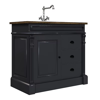 Black Traditional Washstand with Ornate Columns Cabinet Drawers and Carved Top Details 3d model