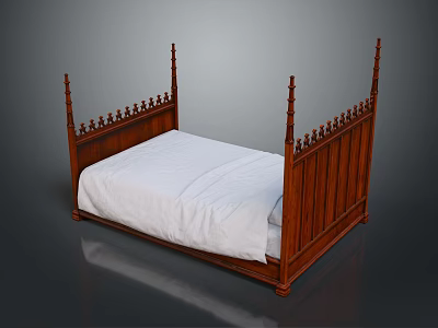 Classic Dark Wooden Double Bed With Carved Bedposts And White Sheets 3d model