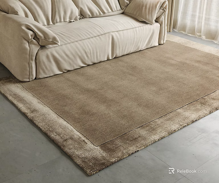 Soft Neutral Beige Square Rug In Modern Living Room With Cream Sofa And Curtains 3d model 