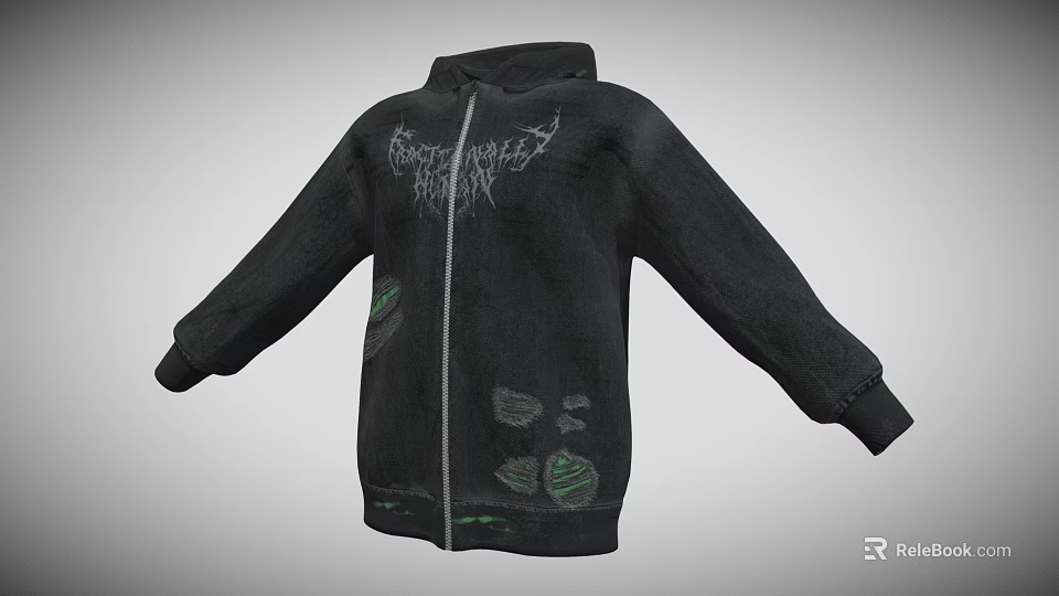 Black Zip Up Hoodie With Green Graphics And Casual Streetwear Design 3d model 